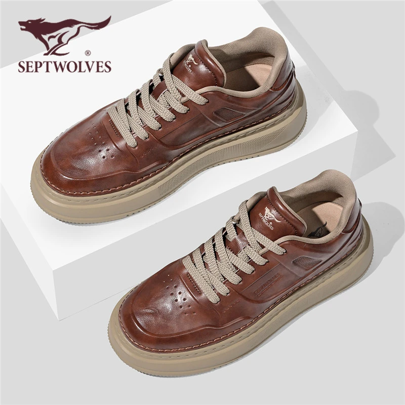 七匹狼新款男鞋2025秋季复古百搭棕色休闲皮鞋男增高厚底运动板鞋