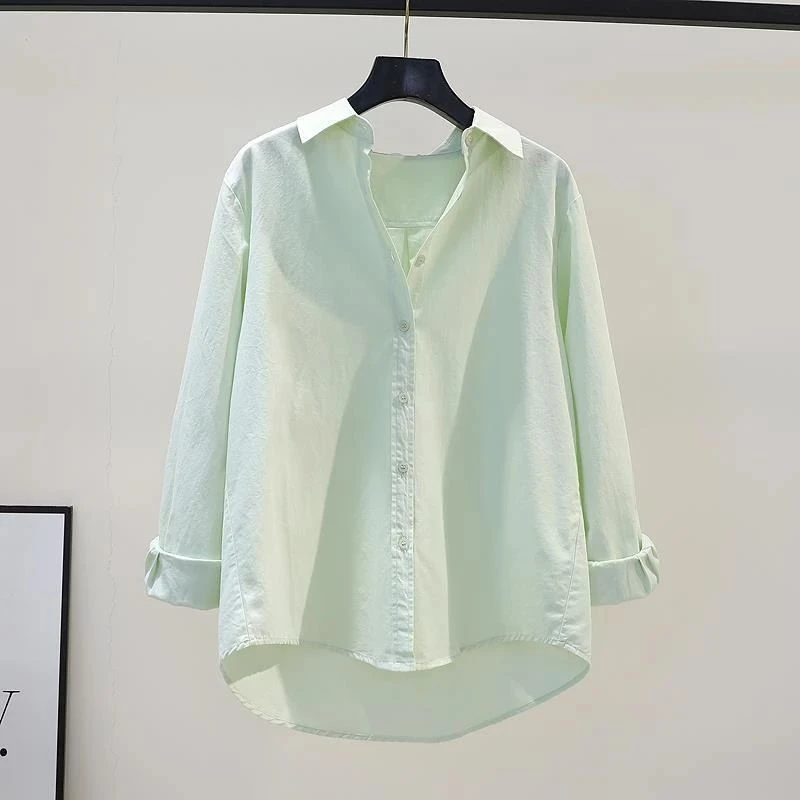 小清新浅绿色衬衫女宽松显瘦衬衣2025春夏长袖衫百搭上衣