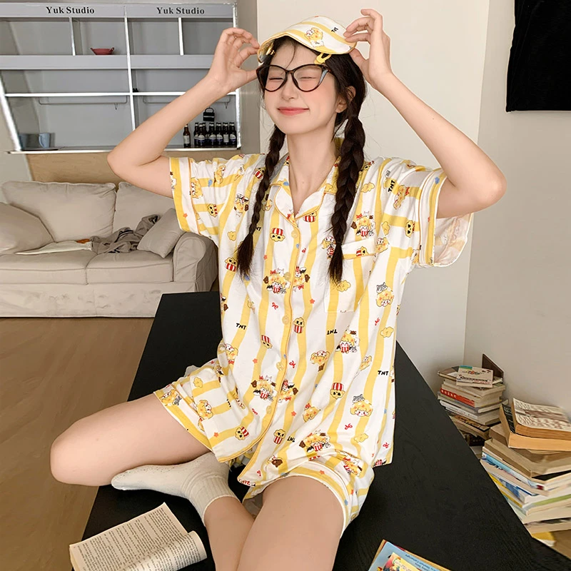 米爆娃卡通甜美学生纯棉睡衣女士套装夏季短袖大码家居服送眼罩