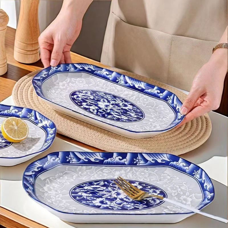 青花瓷鱼盘单个中式组合可蒸烤长方形鱼子盘酒店大号碟子陶瓷家用