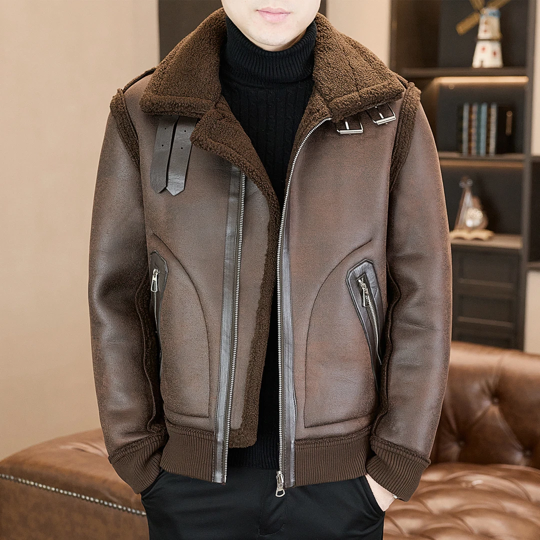 男士冬装外套新款加绒环保皮毛一体机车夹克休闲翻领保暖棉服潮流