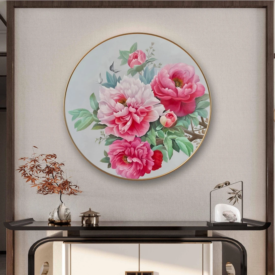 《富贵牡丹》圆形花卉挂画手绘油画餐厅背景墙玄关柜客厅沙发背景画