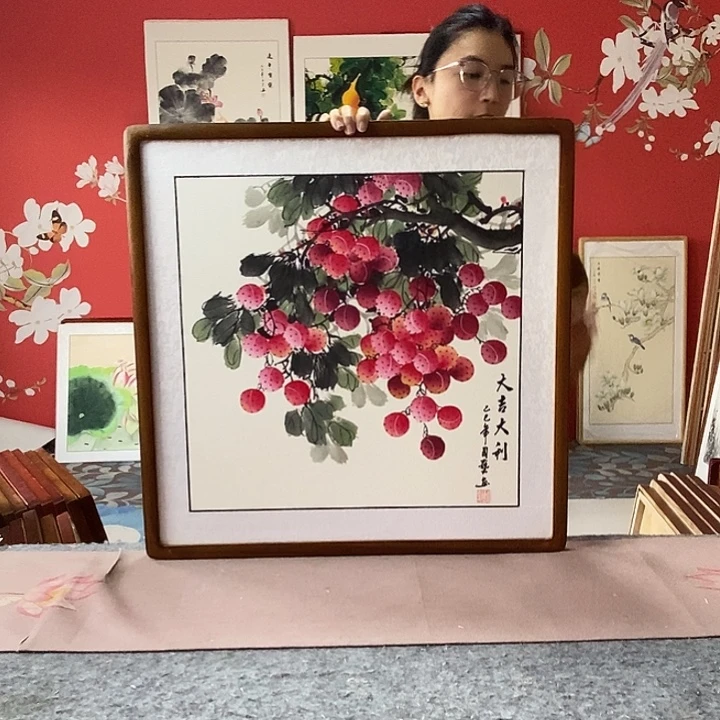 国画手写手绘带框包邮国画作品62✖️62