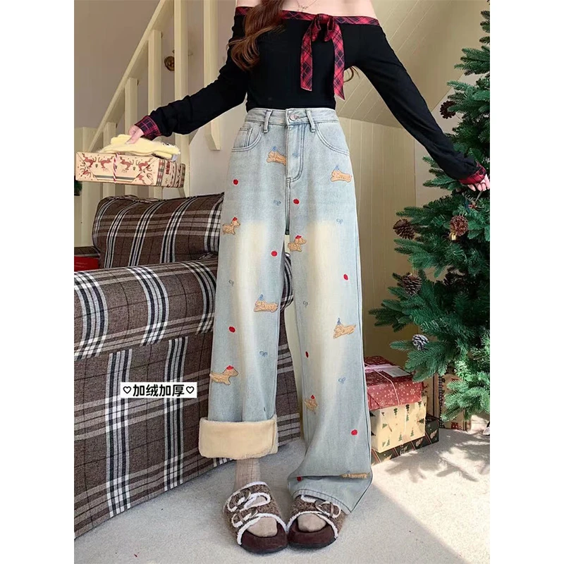 大码女装加绒加厚圣诞刺绣小狗牛仔裤冬季新款阔腿裤