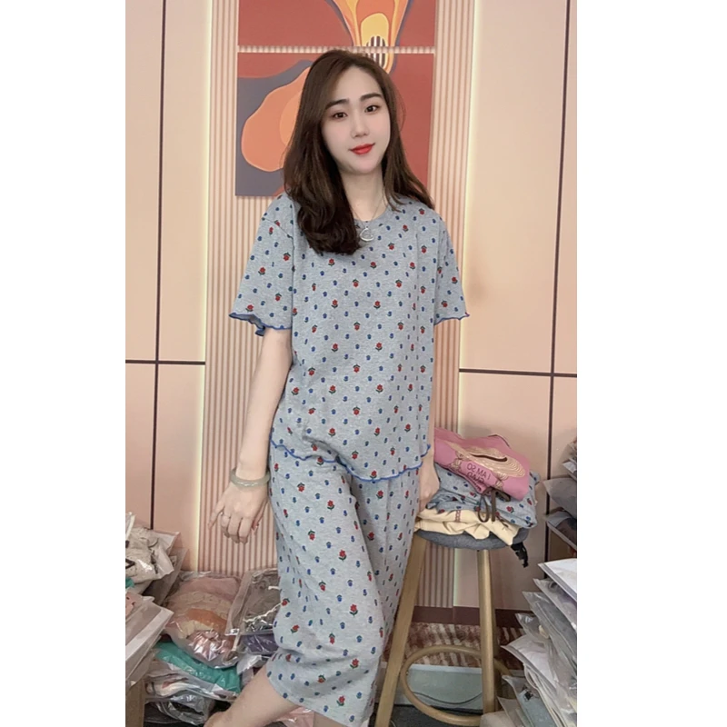 睡衣女夏款纯棉短袖七分裤可外穿家居服套装（木耳边碎花七分裤）