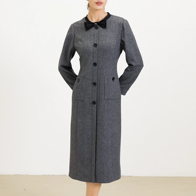 28590 圆领拼接灰色毛呢一步裙子收腰新款通勤气质职业连衣裙显瘦