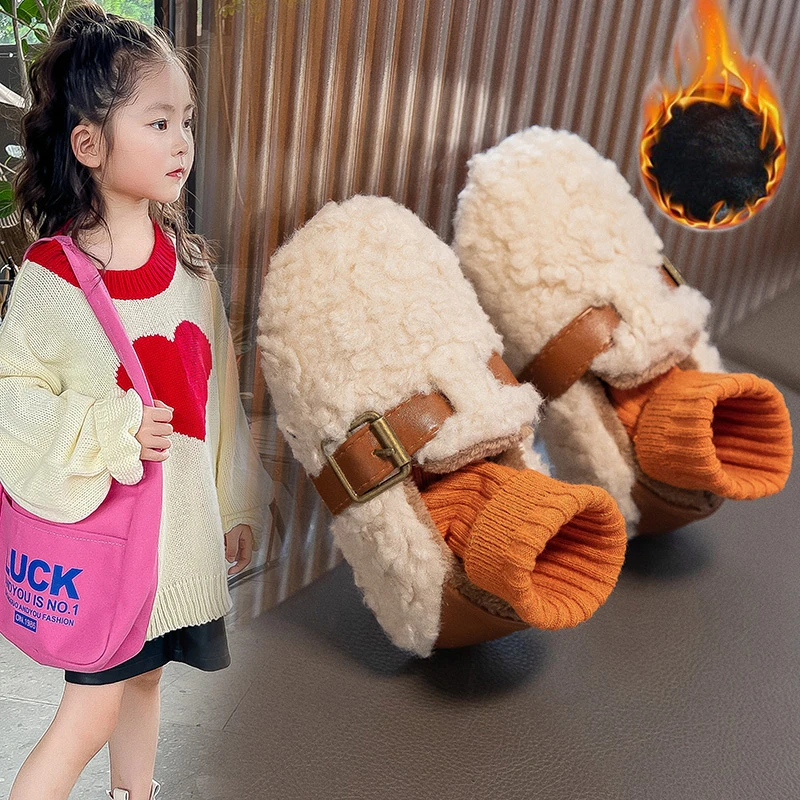 ABC女童韩版毛毛2025冬季儿童新款脚蹬女孩棉鞋加绒宝宝保暖外穿