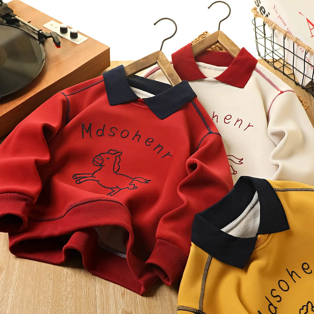 儿童撞色翻领卫衣秋冬新款男童加厚印花时髦年服上衣