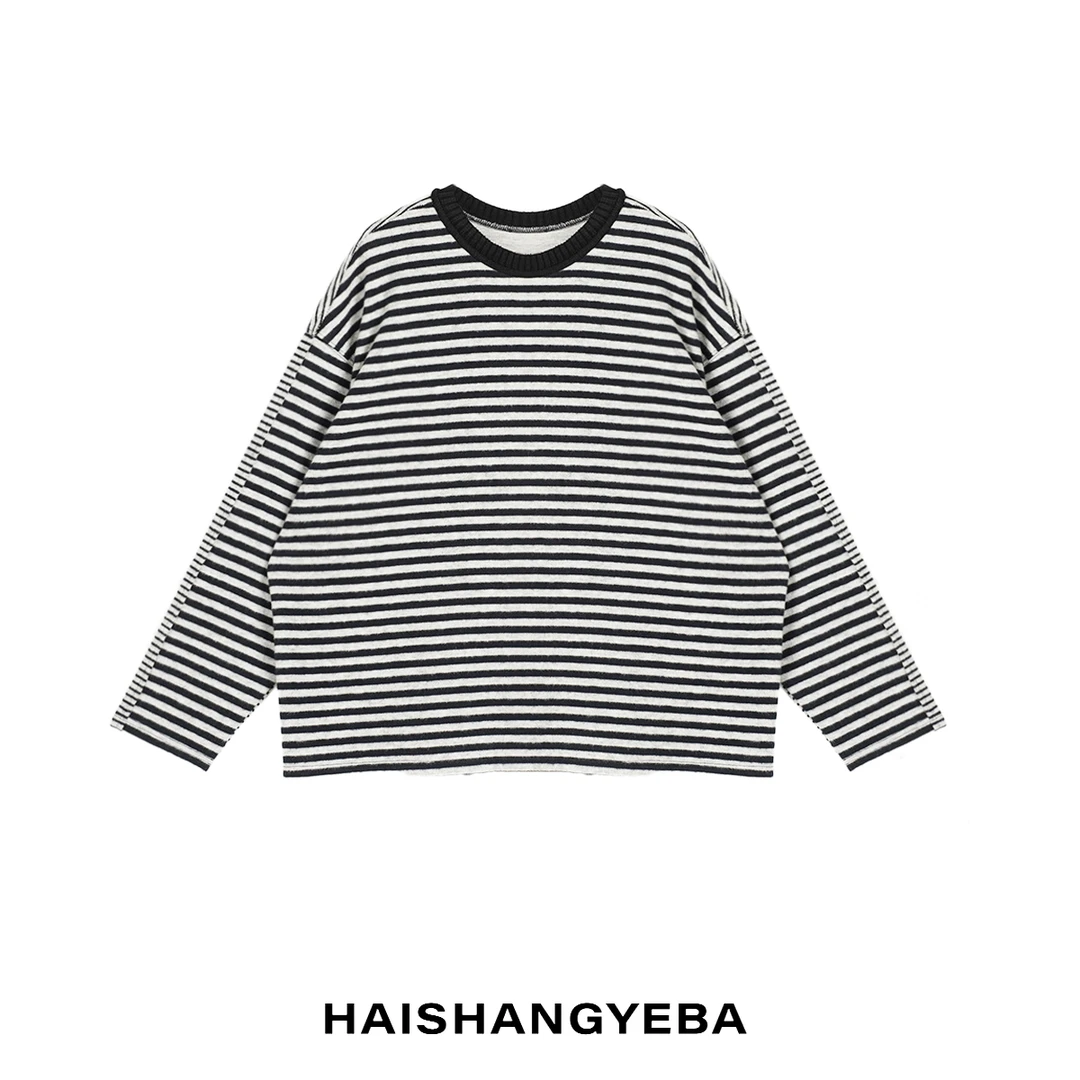 【海上叶爸】新款2025秋冬百搭棉圆领套头条纹休闲厚款毛衣