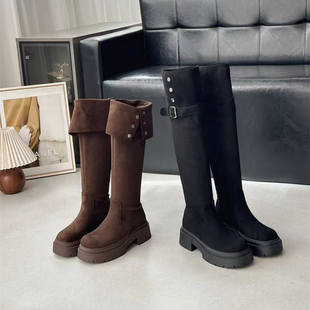 绒面过膝厚底长筒靴女2025冬季新款时尚配裙子骑士靴英伦风时装靴