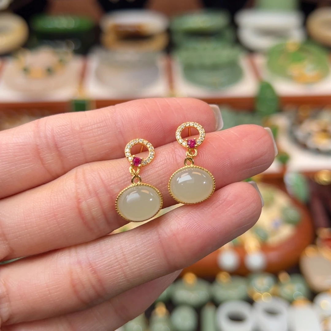 和田玉银S925镶嵌耳饰