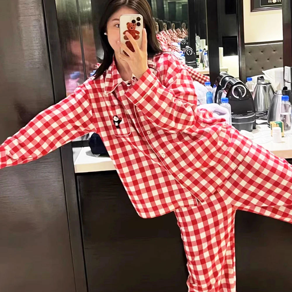 全棉秋季家居熊猫彭彭加厚棉法兰绒家居服套装可外穿情侣睡衣