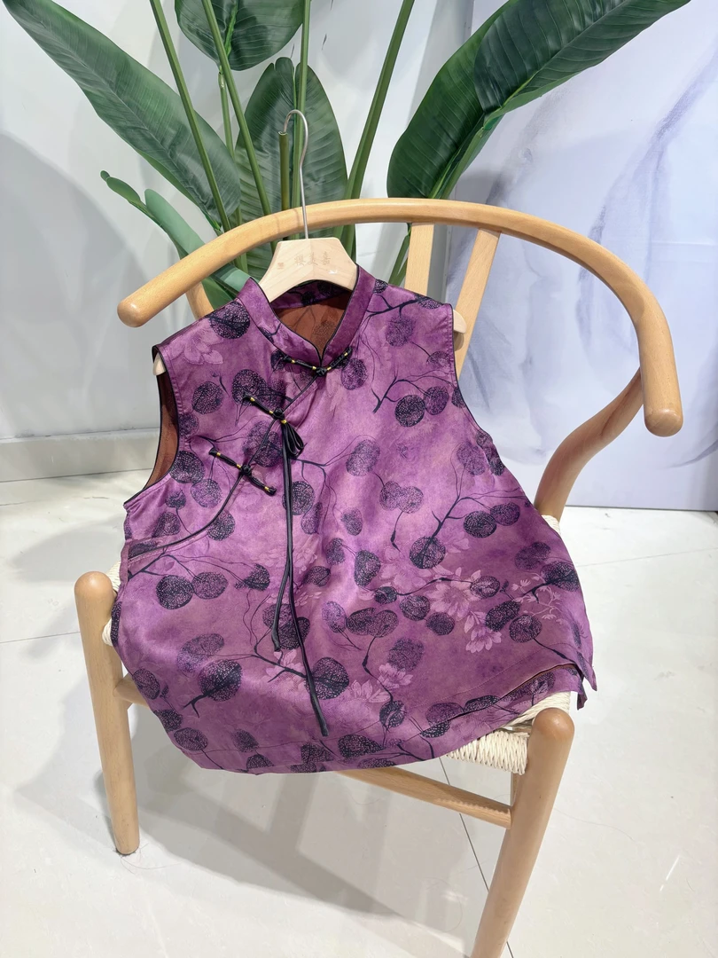 DY2895樱美嘉100桑蚕丝香云纱新款无袖立领新中式国风上衣紫