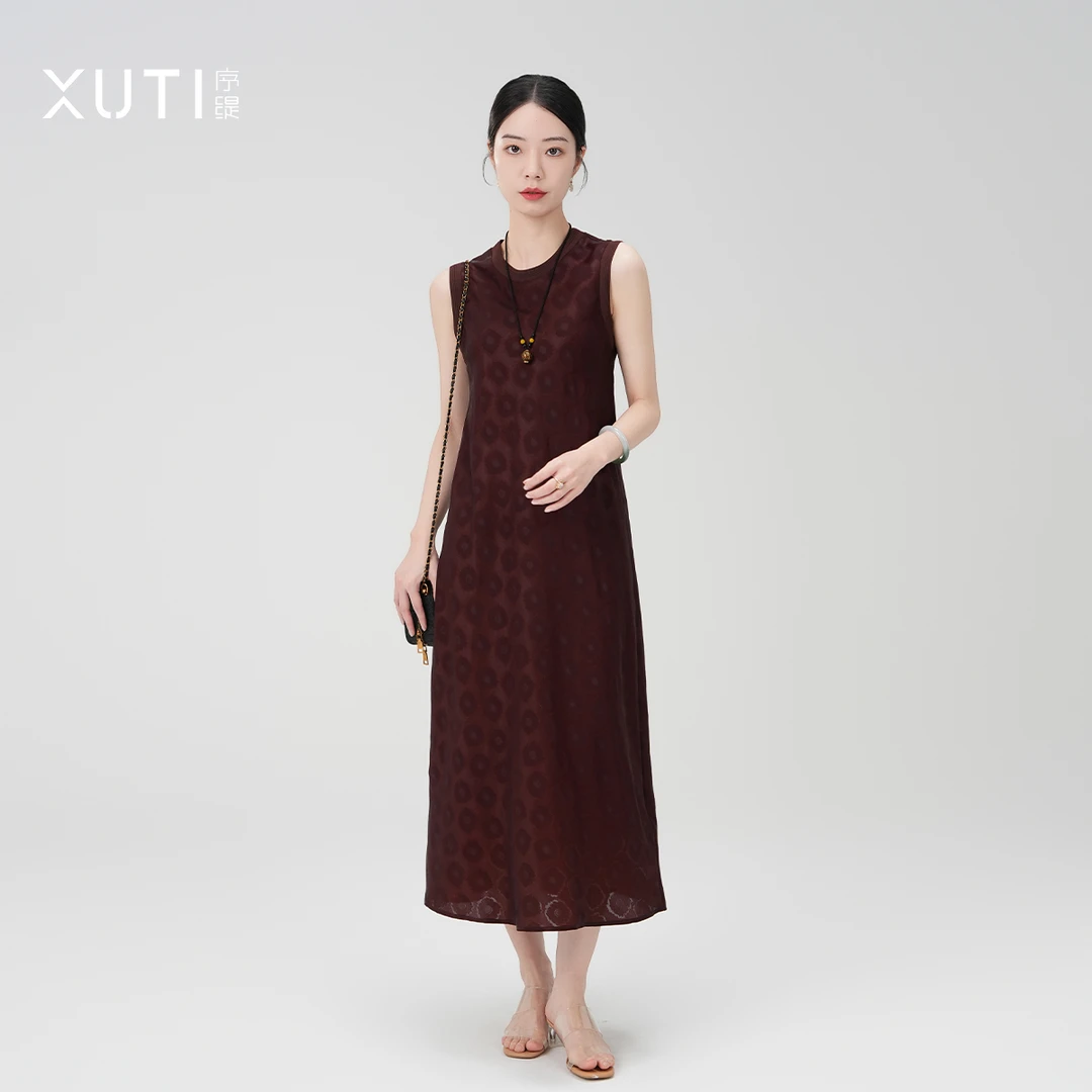 序缇夏季新款国风新中式桑蚕丝无袖连衣裙女显瘦裙子H29-11556