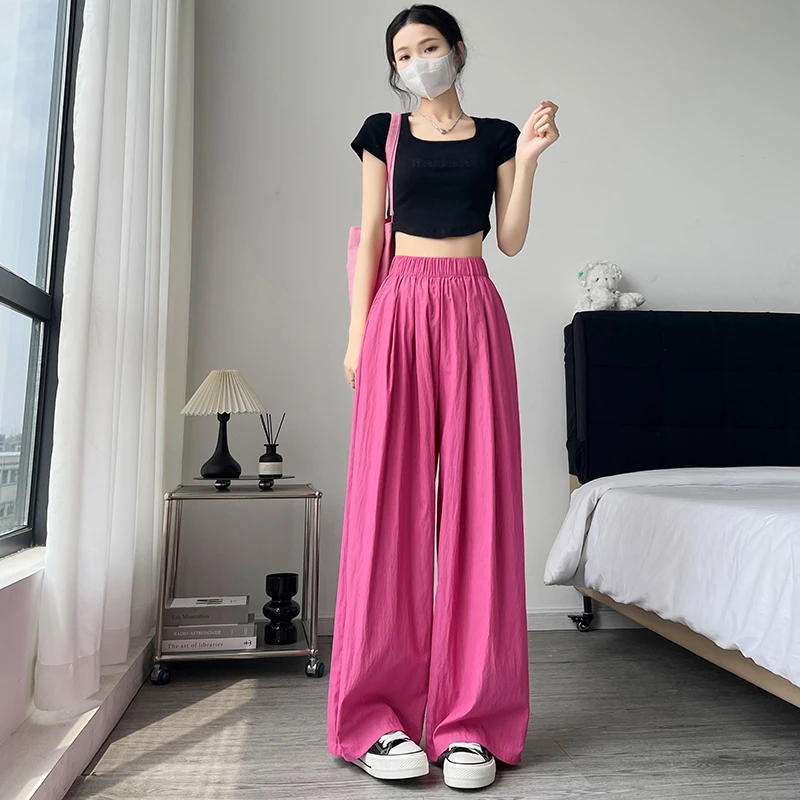 树莓红冰丝阔腿裤女夏季薄款2025新款高腰垂感夏天爆款凉凉山本裤