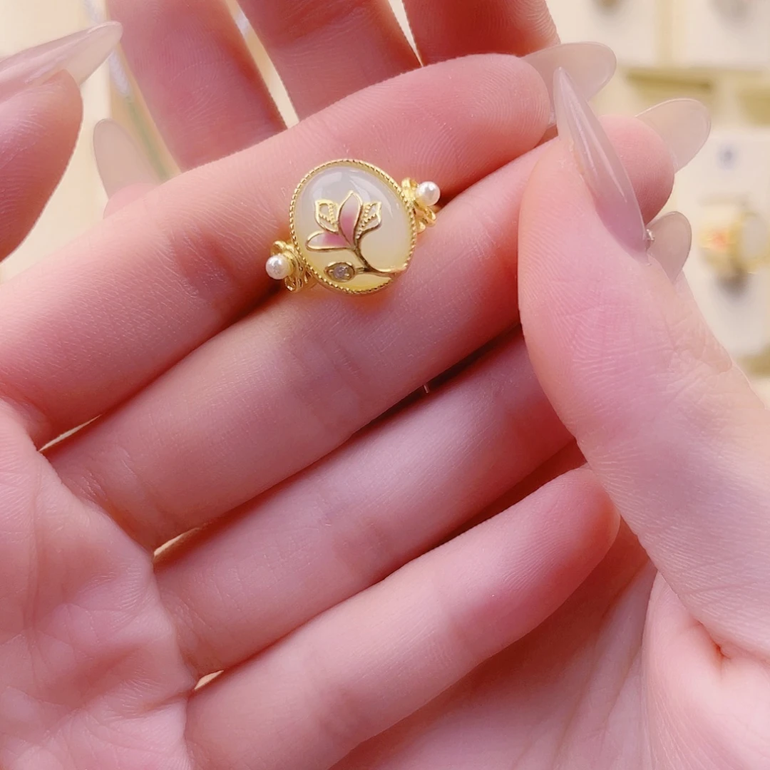 和田玉银S925镀金镶嵌戒指