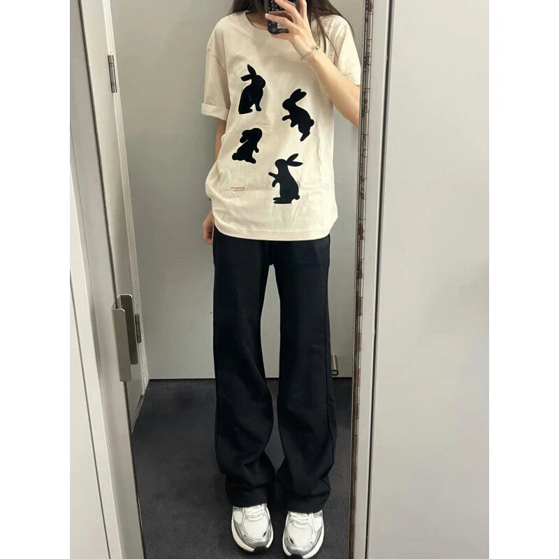 美式复古宽松直筒卫裤男女2025夏季度假穿搭运动简约慵懒休闲裤子