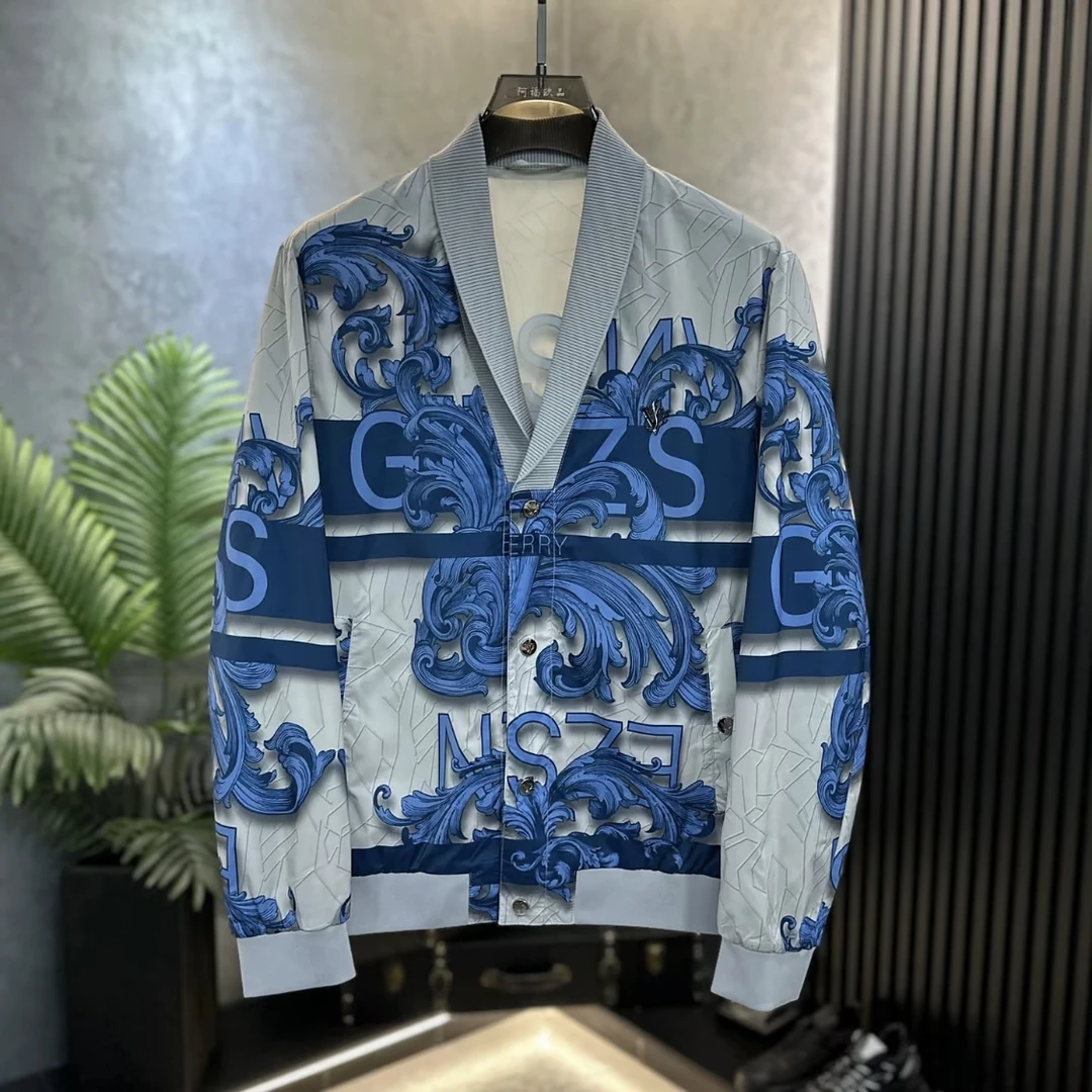 春季新款男士时尚商务休闲韩版印花青果领修身夹克欧货轻奢欧货Ss