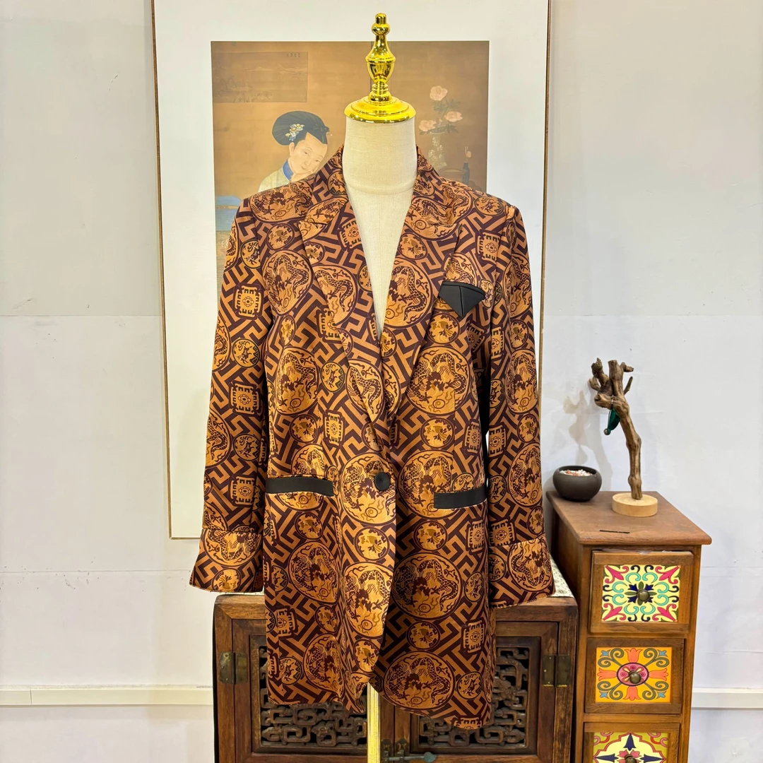 非遗香云纱满分桑蚕丝重磅时尚奢侈风V领女士金色长袖西装