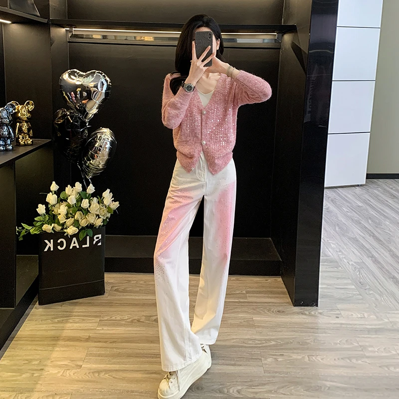 休闲上衣时尚套装直筒显瘦长袖气质亮片开衫休闲裤牛仔裤网红宽松