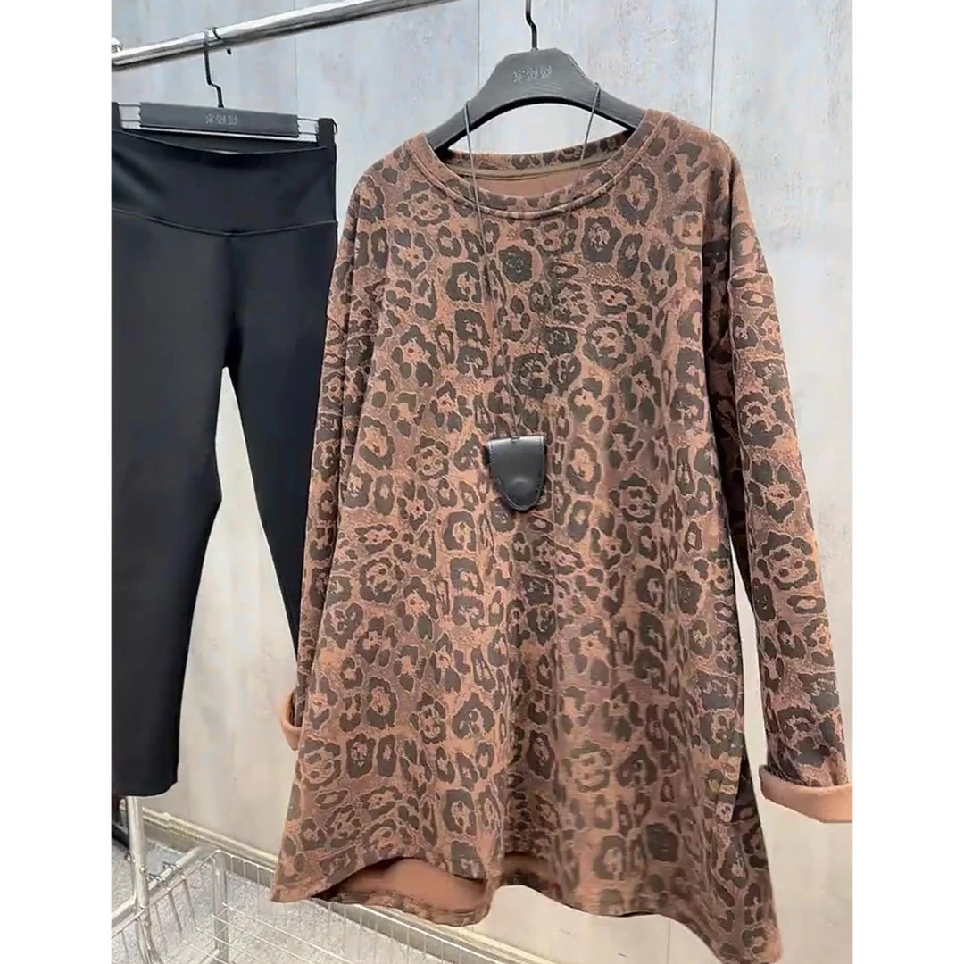 圆领豹纹薄绒卫衣气质时尚休闲百搭印花中长款宽松