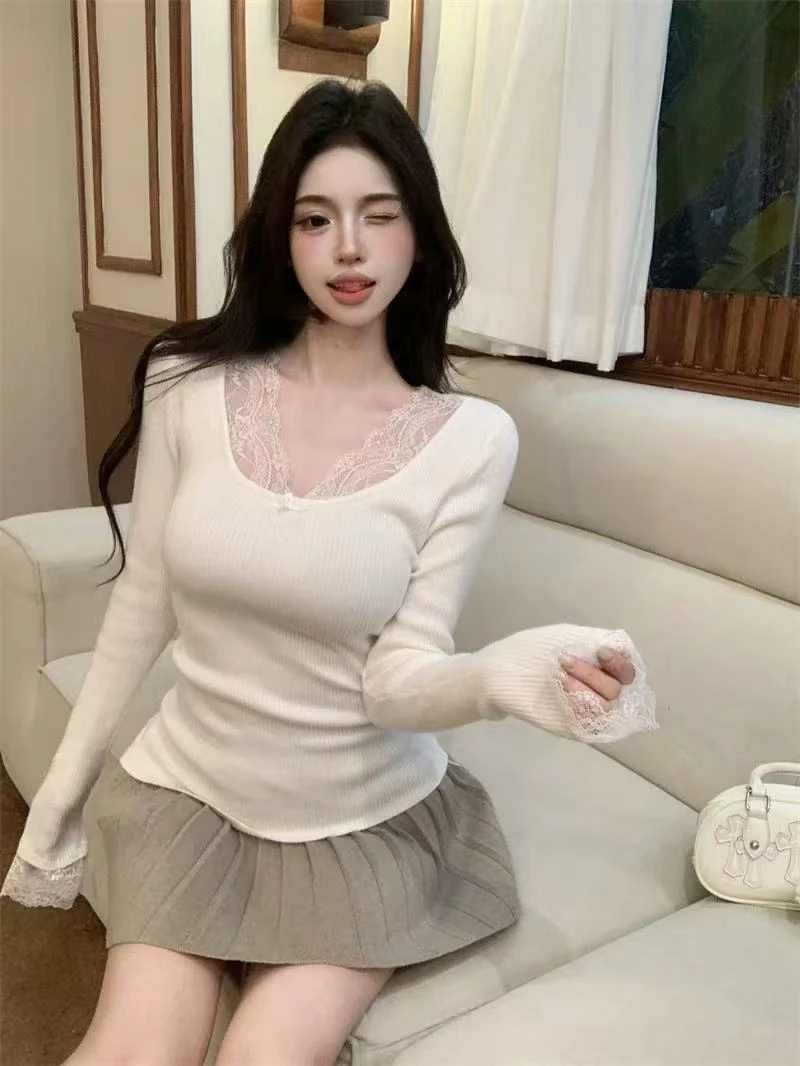 2025长袖打底衫~四季修身纯欲辣妹韩系蕾丝上衣内搭百搭显瘦