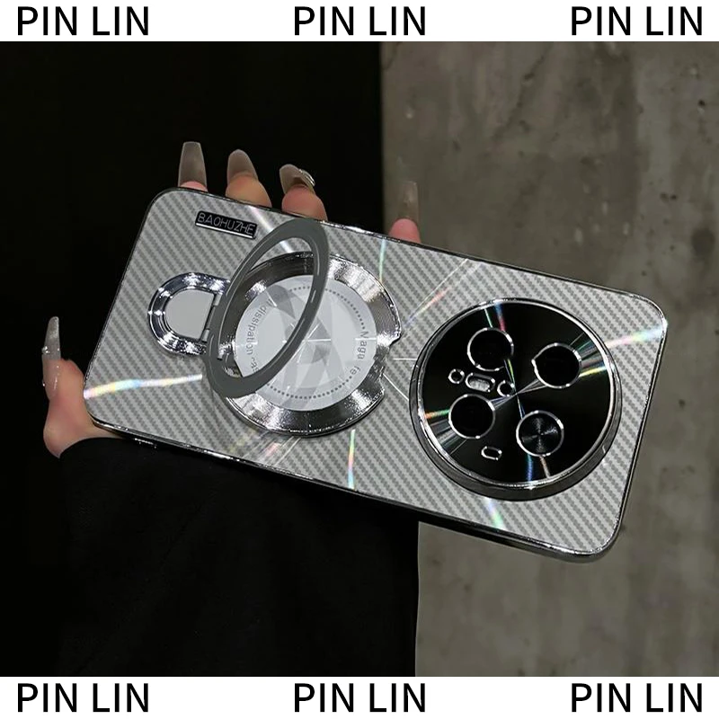 适用于华为mate70/Pro镭射碳纤维纹金属磁吸支架手机壳防摔创意