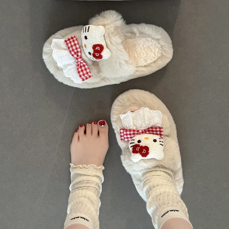 可爱卡通蝴蝶结一字带毛毛拖鞋女2025秋冬新款小猫保暖毛绒棉拖鞋