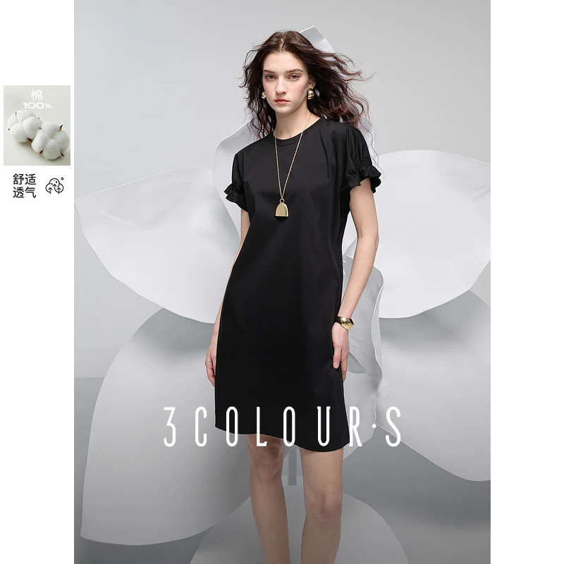 【100棉】三彩2025夏季新款长绒棉连衣裙宽松圆领短袖直筒裙女S