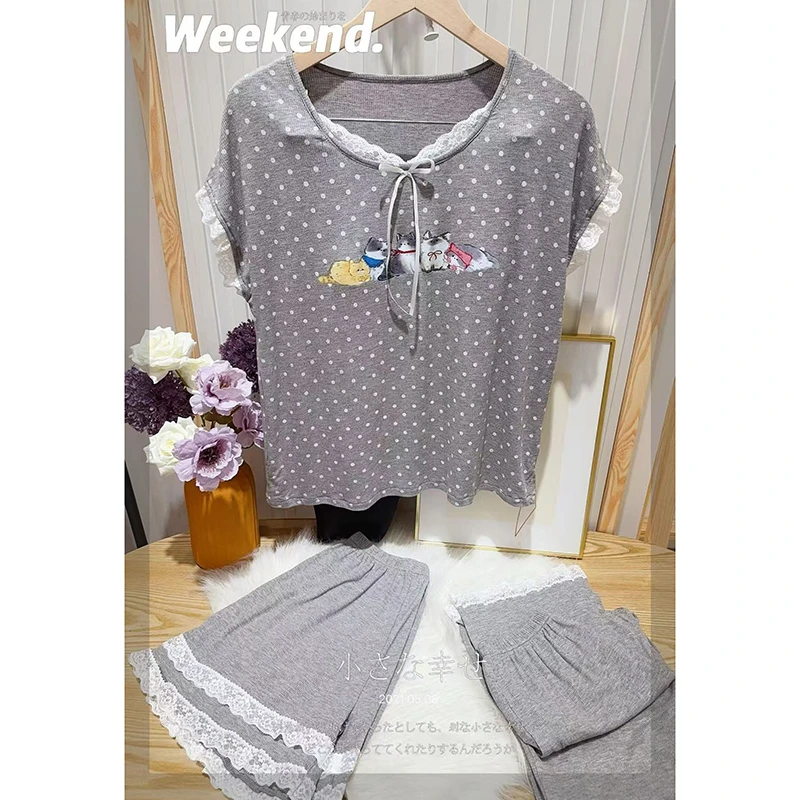 夏季新款波点小猫印花短袖带杯垫三件套睡衣减龄透气舒适套装2330