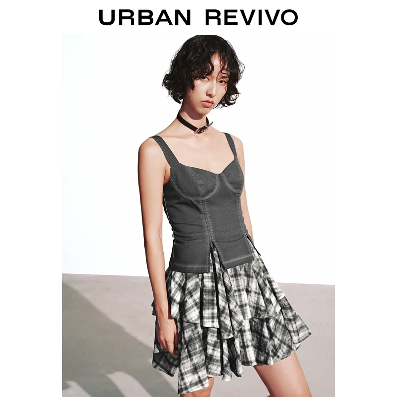 UR2025秋季新款女装设计感拼接格纹短款A字连衣裙UYV750096