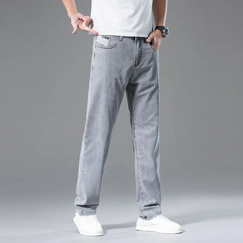 天丝轻薄绵柔高端男士烟灰牛仔裤宽松直筒2025夏潮百搭长裤