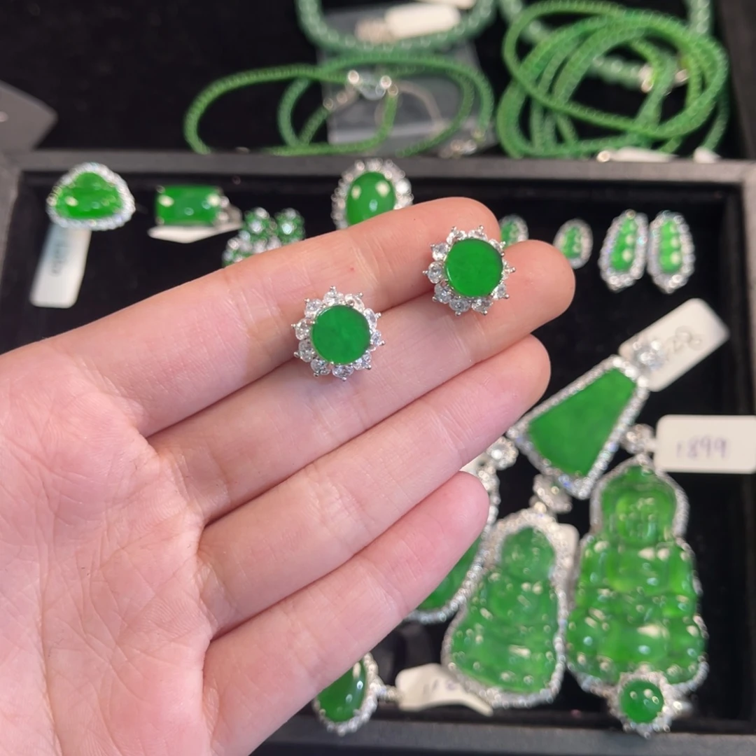 翡翠银S925镶嵌戒指圆牌耳钉