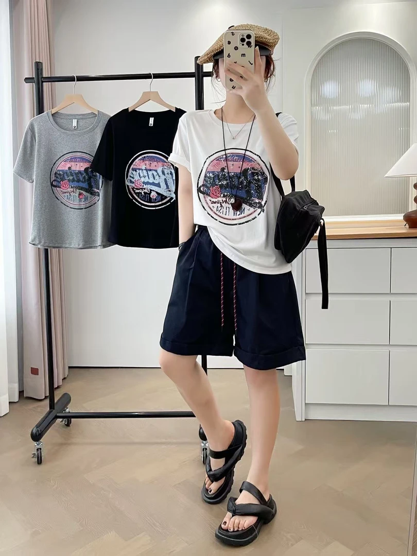 大码女装2025夏季新款胖妹妹双百搭宽松显瘦圆领正肩短袖T恤上衣