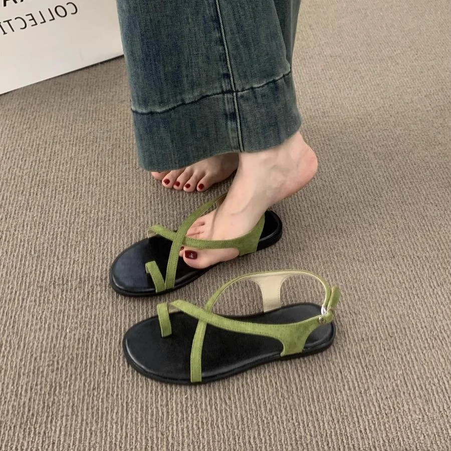 韩版百搭风套趾交叉扣带平底凉鞋女夏季休闲平底沙滩罗马鞋子