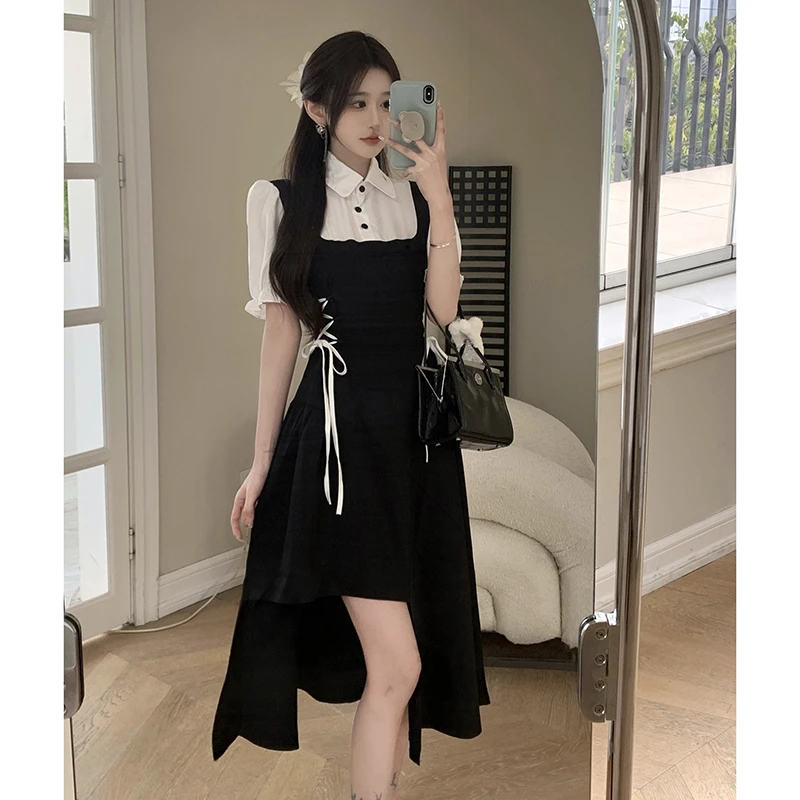 【派对之夜】胖mm收腰显瘦遮肚子POLO领假两件拼接藏肉气质连衣裙女