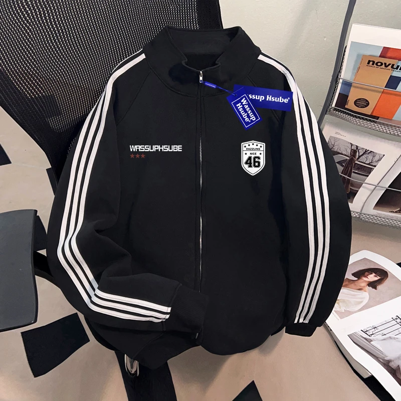 WASSUP HSUBE国潮牌青少年开衫立领卫衣秋冬慵懒宽松棒球外套上衣