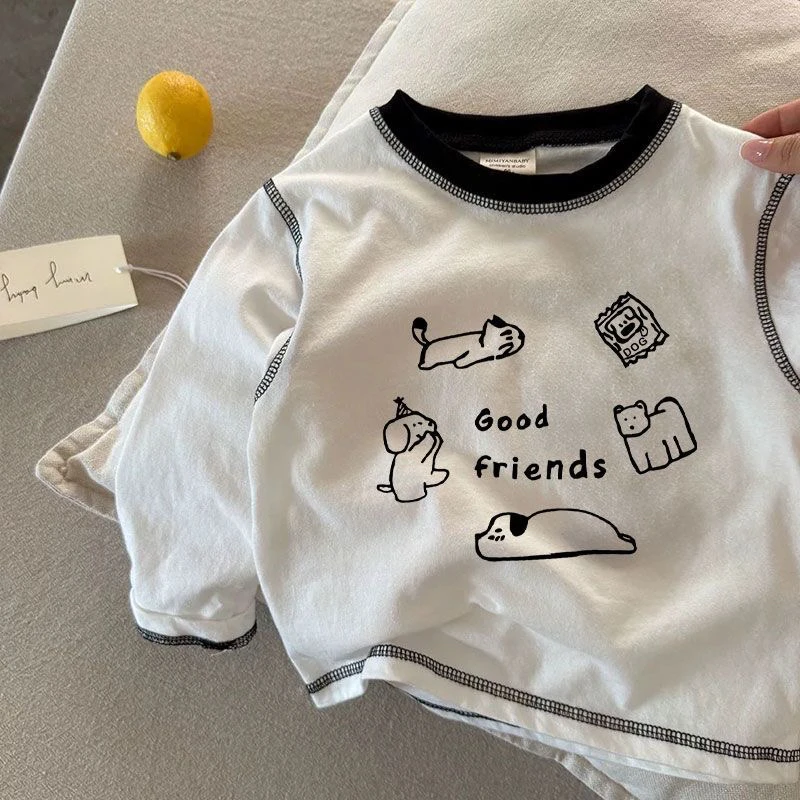 春秋款潮童装男童2025新款打网T恤长袖衣服女童纯棉帅气卡通动物t