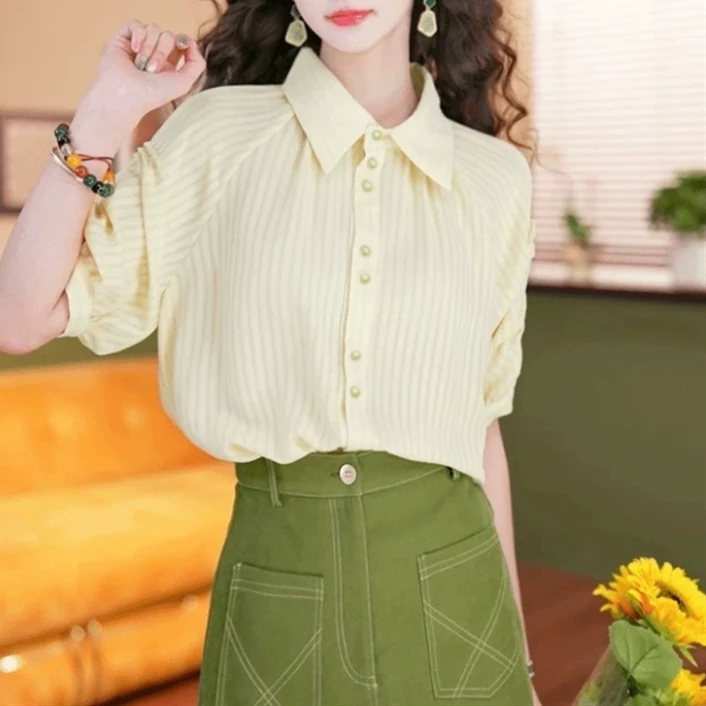 小清新黄色条纹短袖衬衫女夏季新款时尚气质设计感小众上衣9301