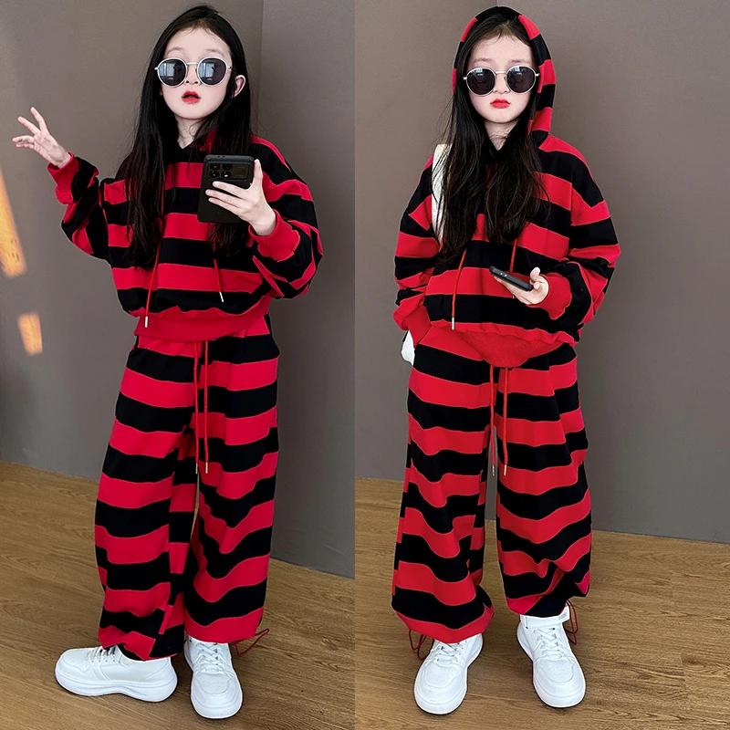 女童洋气条纹卫衣套装2025女孩新款休闲运动春秋装中大儿童两件套