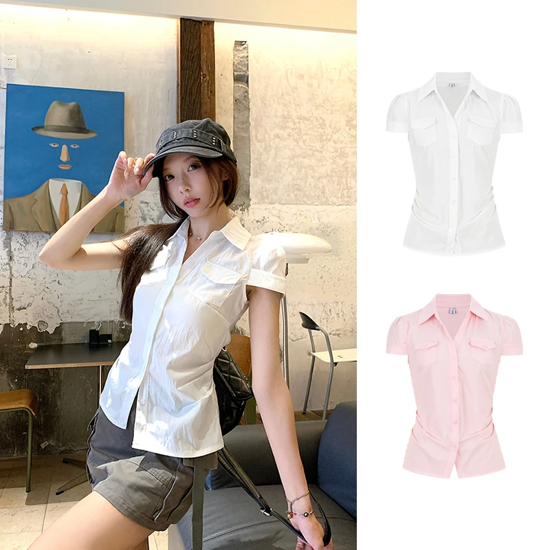 MosesQueen/魔西女王复古口袋掐腰修身短袖衬衫收腰显瘦气质上衣