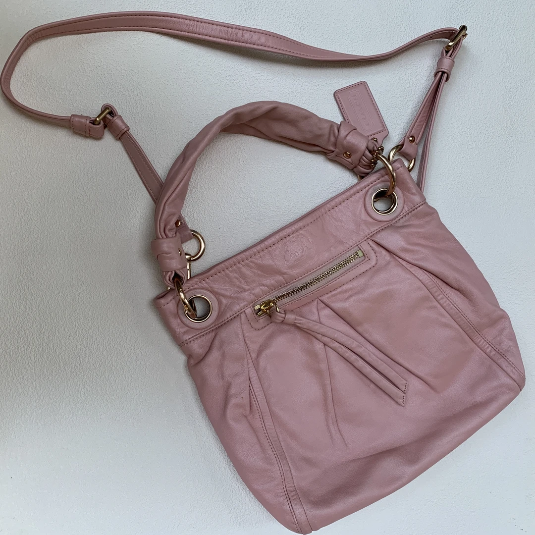 95新 COACH/蔻驰 时尚休闲全皮中古复古奶粉色单肩斜挎包垃圾袋