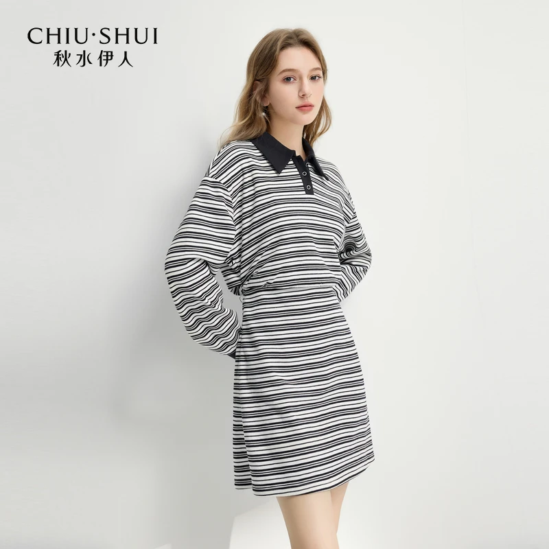 秋水伊人优雅撞色条纹连衣裙2025年春季新款女裙子625101E020517