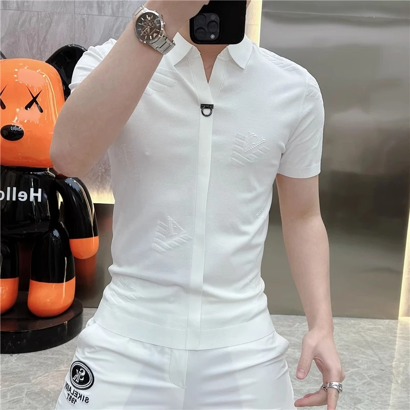 2025夏季新款欧货修身弹力提花帅气青年百搭翻领冰丝短袖T恤男