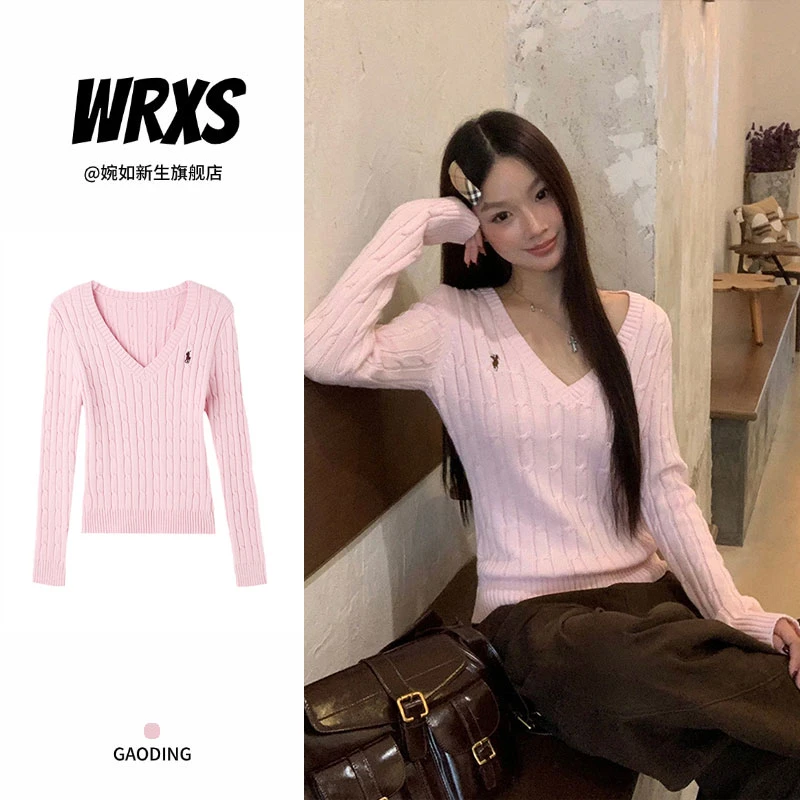 【婉如新生】毛衣女秋冬季慵懒高级感套头上衣粉色v领不撞衫针织衫