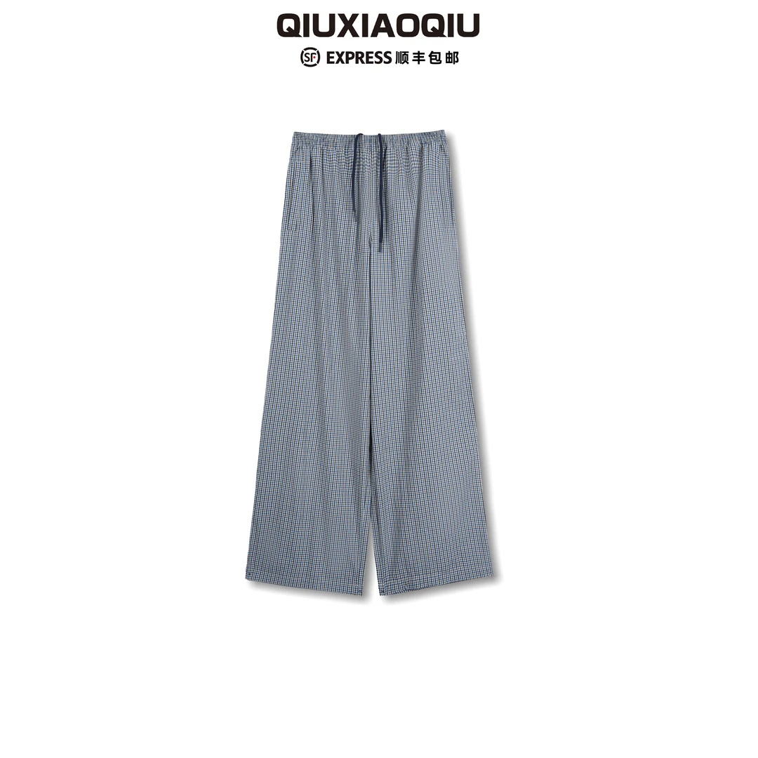 【Qiuxiaoqiu】巴黎复古亚麻格子休闲夏季百搭格纹长裤男女同款潮