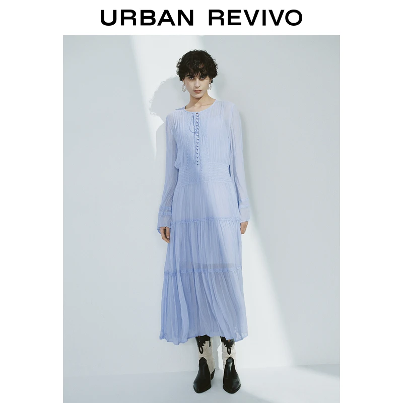 UR2025春季新款女装休闲度假感垂感系带圆领连衣裙UWH750027