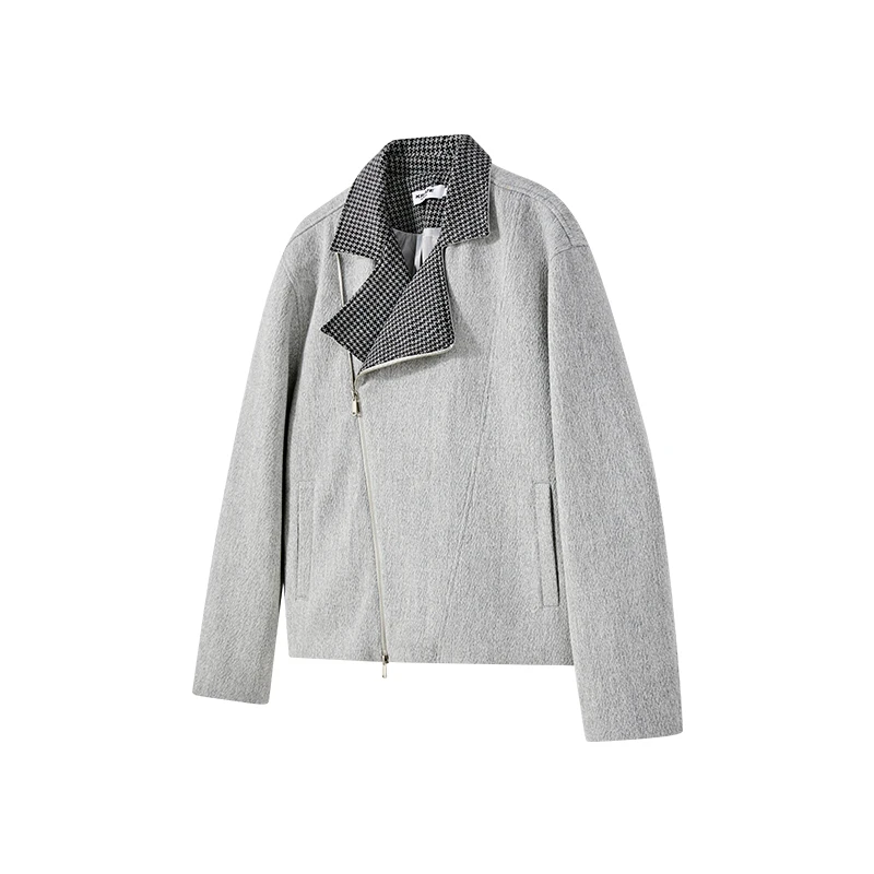 KREATE「银雾」720g千鸟格羊毛斜拉链双领撞色翻领休闲夹克外套秋冬