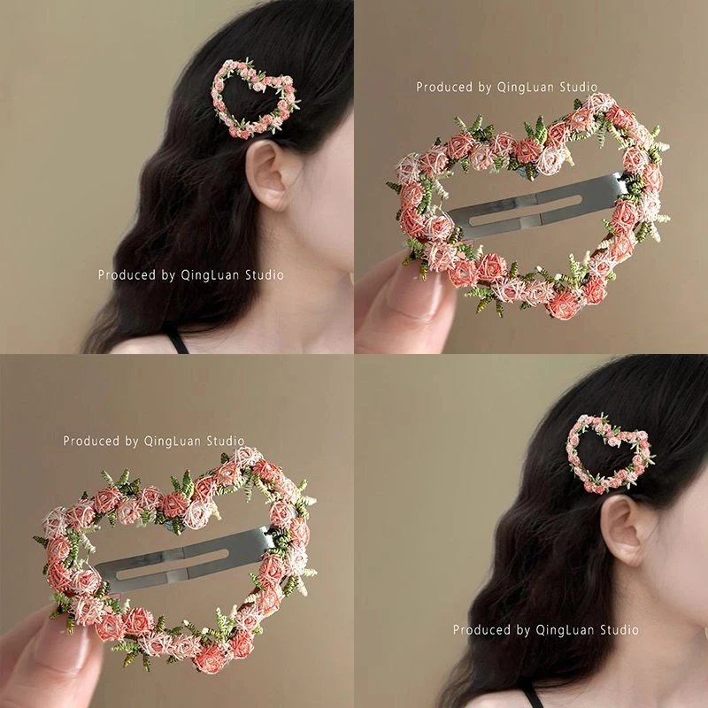 粉雾蔷薇~~花朵刺绣春夏清新甜美一字夹侧边刘海夹精致旅行碎发夹