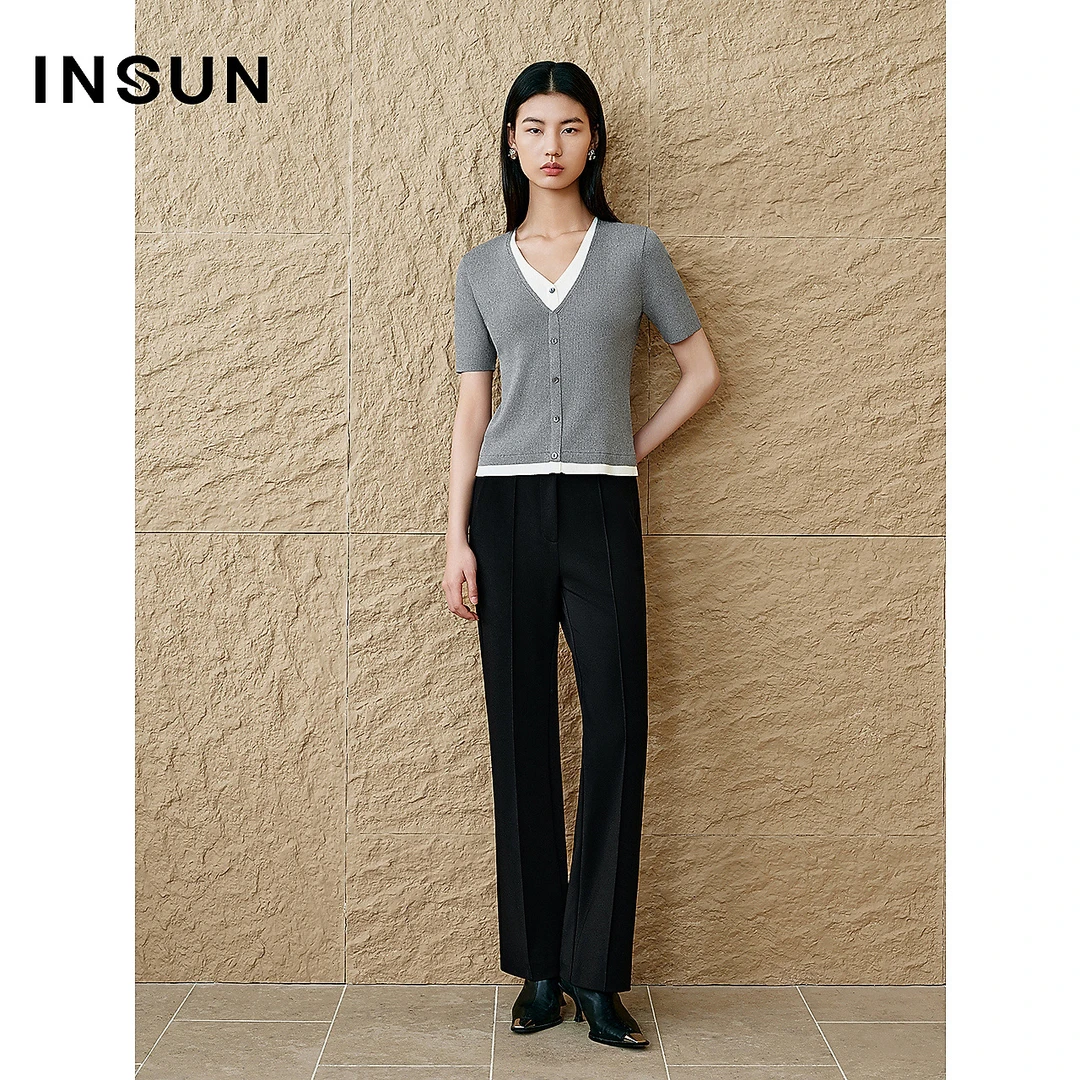 INSUN恩裳专选2025春季前中缝高弹微喇百搭休闲裤